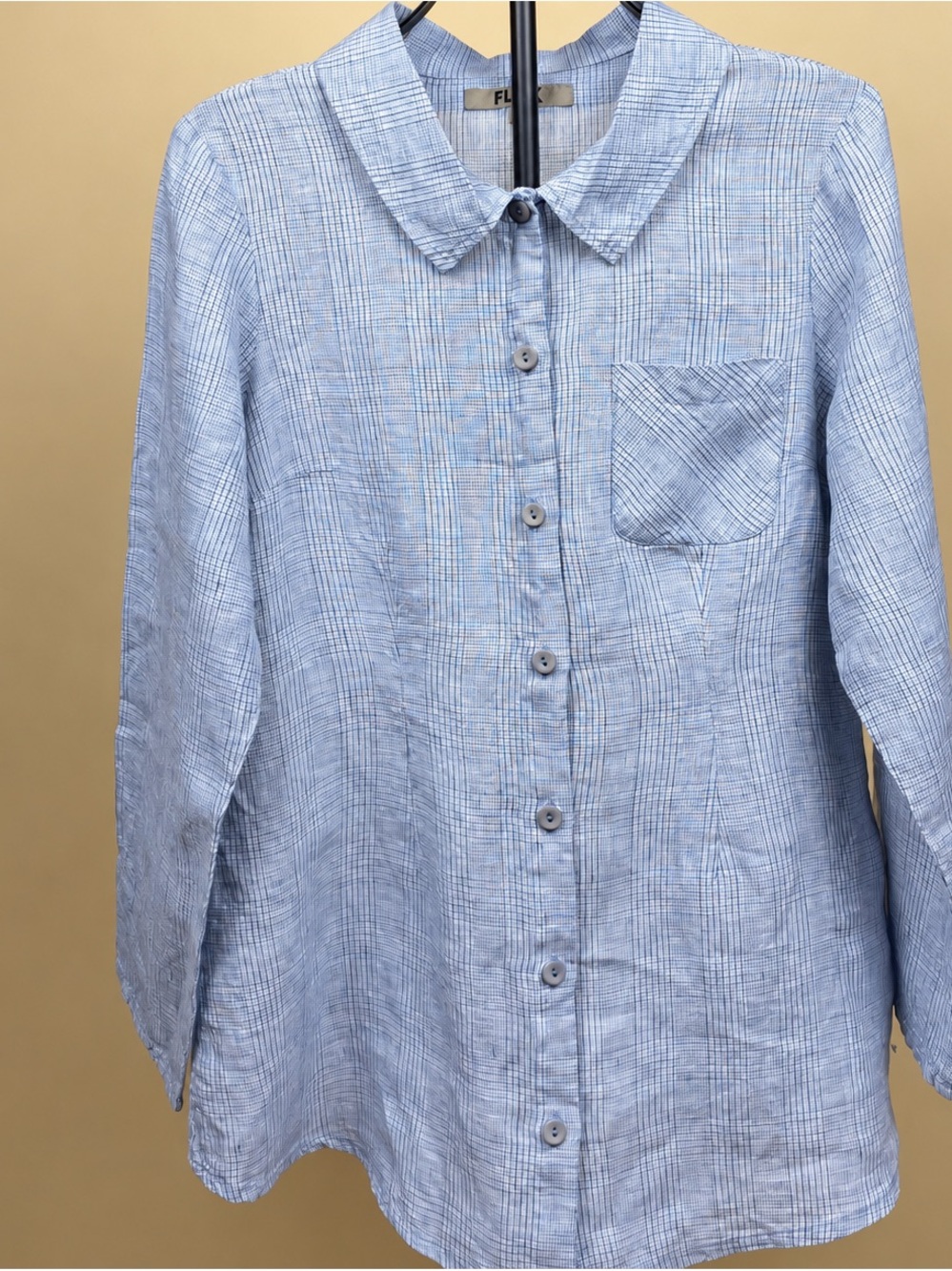 Flax 100% Linen Light Blue Casual Button-Down Shirt with Pocket